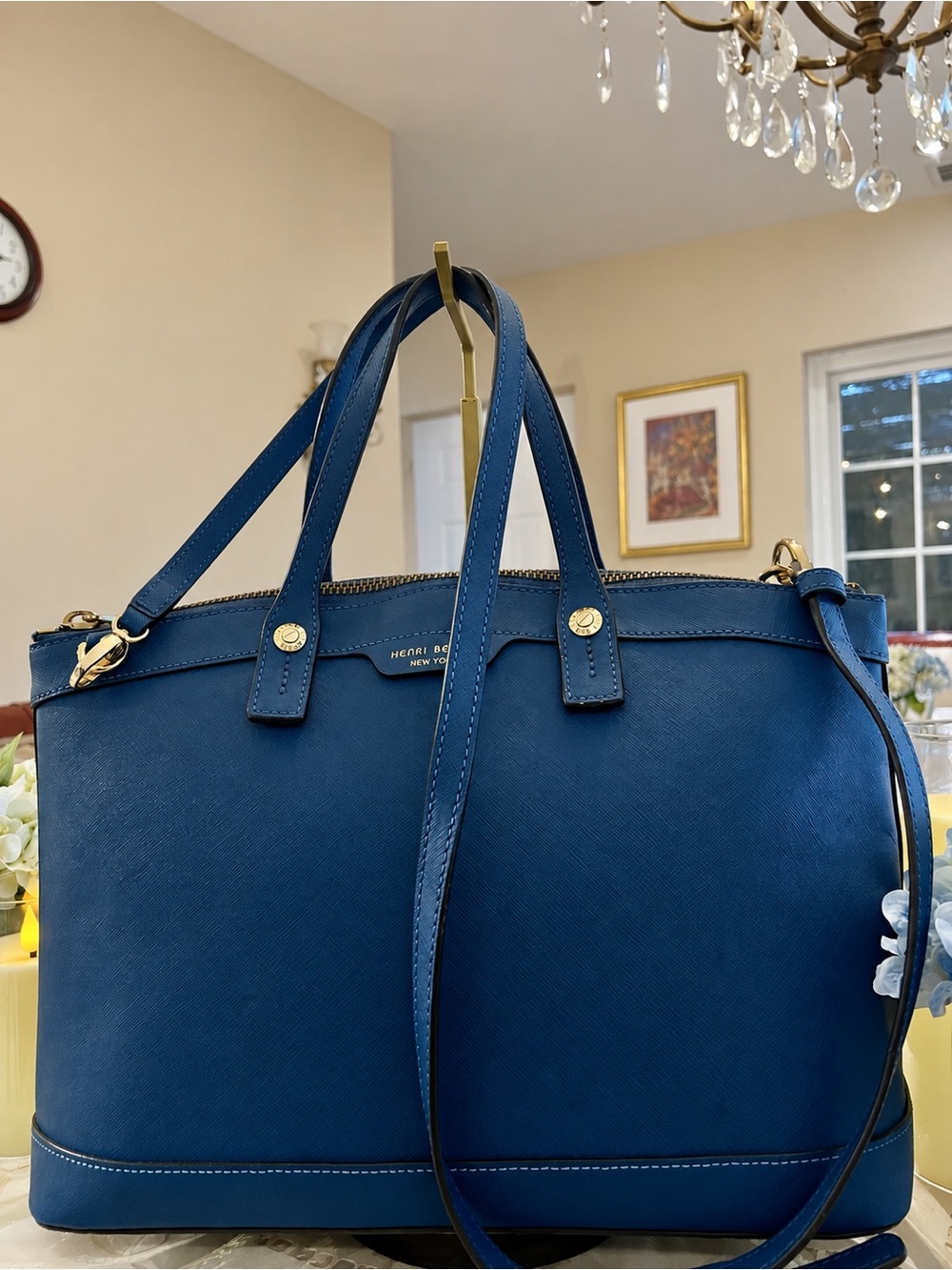henri bendel Deep Cobalt Blue Saffiano Leather Tote with Gold Hardware